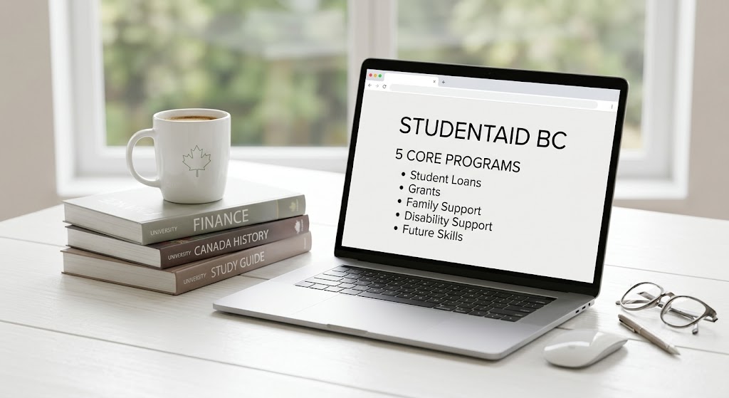 A laptop screen showing the StudentAid BC eligibility criteria and the 5 core financial support programs list, with a white coffee mug and a stack of university textbooks on a bright desk.
