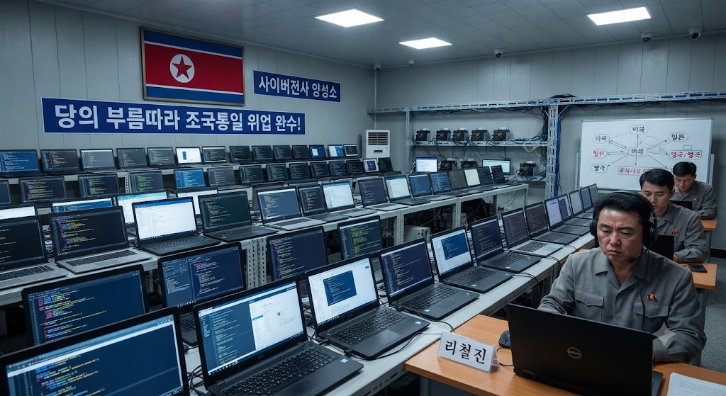 북한 IT 노동자의 글로벌 사기 수법과 원격 근무자 보안 위협을 경고하는 모습