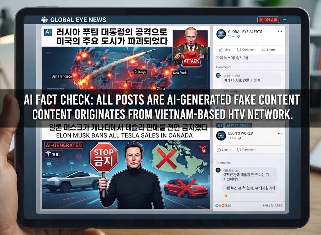 전 세계 소셜 미디어 사용자들을 겨냥해 AI를 이용한 가짜 뉴스를 대량 생산하는 베트남 조직의 글로벌 네트워크를 시각화한 이미지. 'AI 가짜 뉴스' 공장의 실체와 이로 인한 피해를 고발하는 탐사 보도 기사